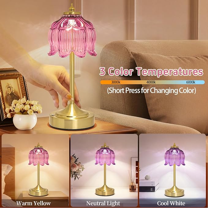 Cordless Table Lamp, Rechargeable Purple Glass Lotus Flower Lamp | 5200mAh touch lamp with 3 color modes and stepless dimming, battery operated lamp for nightstands and kitchen counters