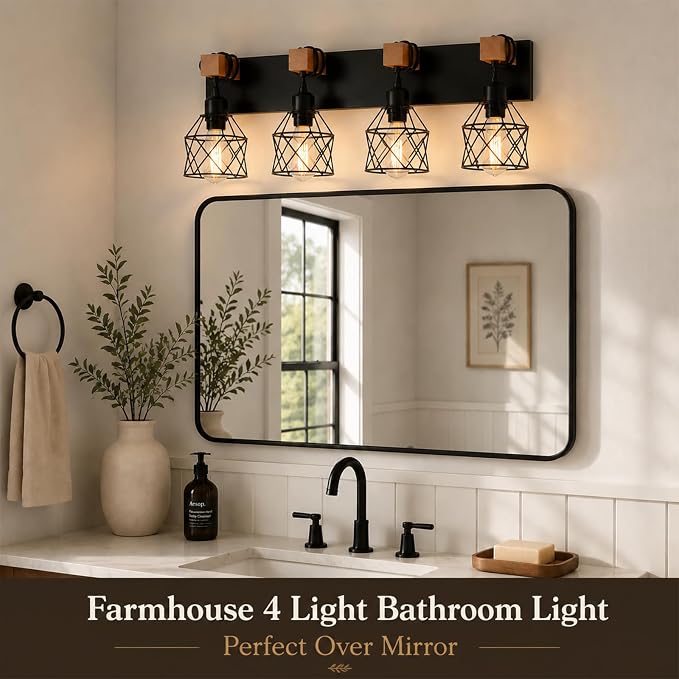 Farmhouse Vanity Light Fixture,4-Light Bathroom Lighting,Black Industrial Wood Wall Light Over Mirror with Metal Shade,LED Bulbs Not Included
