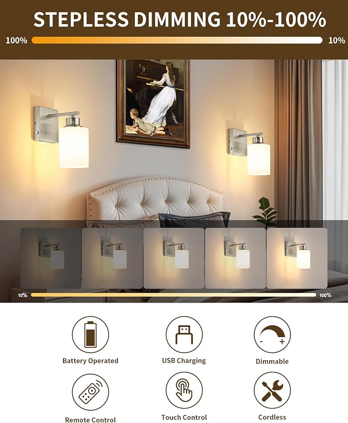 Wall Sconces Battery Operated Set of Two, Modern, White Glass, Nickel | Dimmable, Easy Install Rechargeable Wall Lights with Timer Remote for Living Room Bedroom, Emergency 3000K