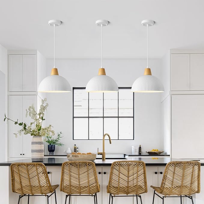 White Pendant Light Kitchen Island, 11.8" Wood Pendant Light Modern Farmhouse Dome Hanging Light for Dining Room Bedroom Bar Sink