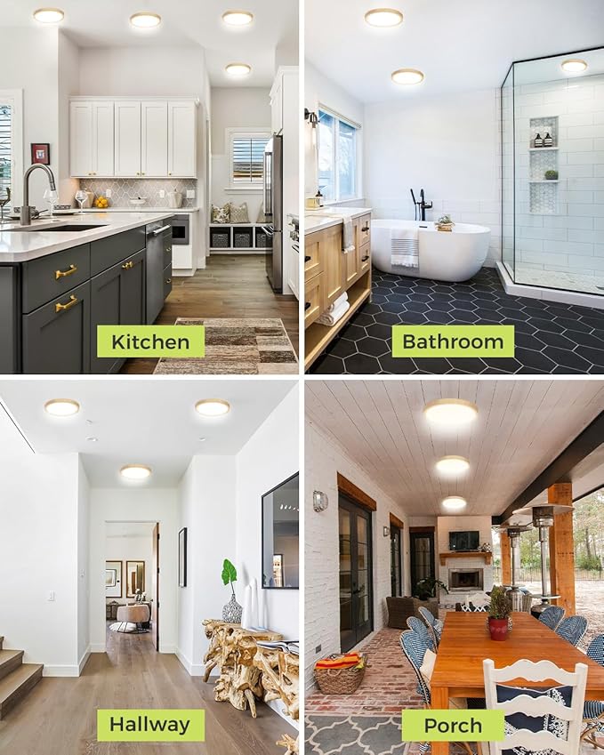 6PACK Flush Mount Ceiling Light Fixtures - 3000K-4000K-6500K & 100W Equivalent Flat Led Lights for Room Ceiling,7.5Inch Ultra Thin Round White Ceiling Lights for Bedroom,Kitchen,Bathroom (Wood