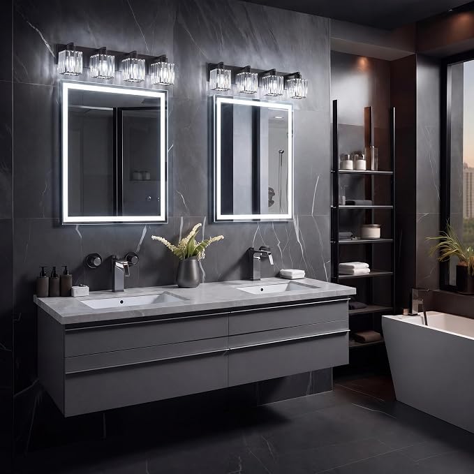 Modern Bathroom Vanity Light, 4-Light K9 Crystal Bathroom Lighting Fixtures Over Mirror, Black Vanity Light with Square Shade
