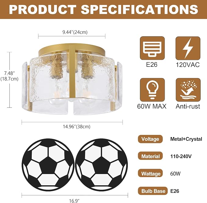 15" Gold Semi Flush Mount Ceiling Light, 3-Light Modern Drum Glass Dining Light Fixture, Dimmable Ceiling Mount for Hallway Entryway Foyer, Kitchen Over Island, Bedroom Bathroom Laundry Room Farmhouse
