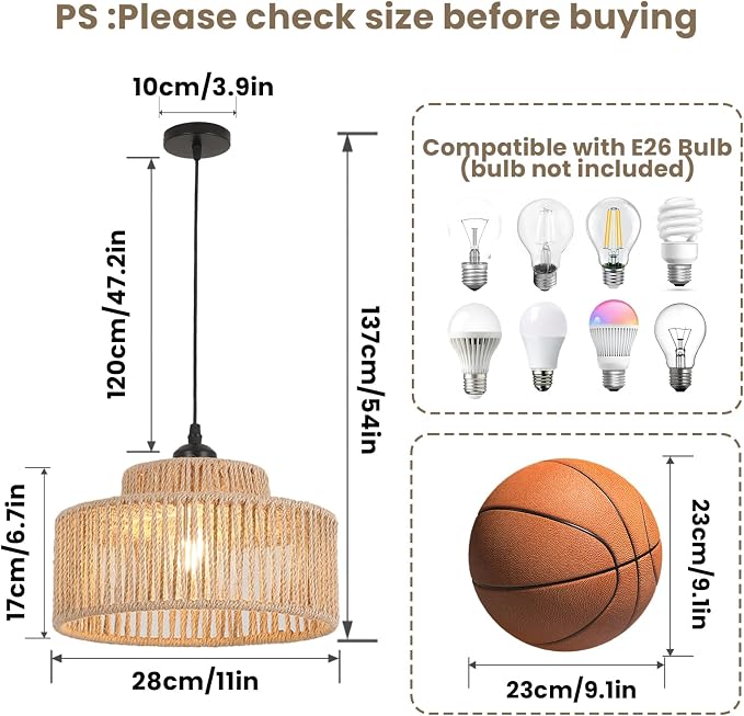 Rattan Pendant Light,11 Inch Boho Kitchen Island light Fixtures,Handmade Woven Hanging Lamp,Wicker Small Chandelier,Coastal Hanging Lights for Bedroom Kitchen Living Room Hallway Restaurant Foyer