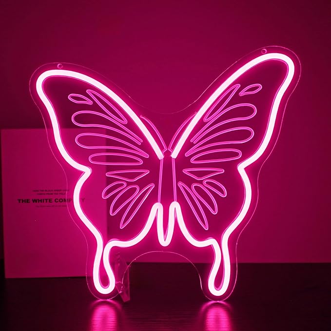 Butterfly Neon Sign - HSJNJKFU LED Neon Signs for Wall Decor Pink Light Sign with Engraved Design, LED Signs for Bedroom, Classroom, School Room Decor, USB Powered