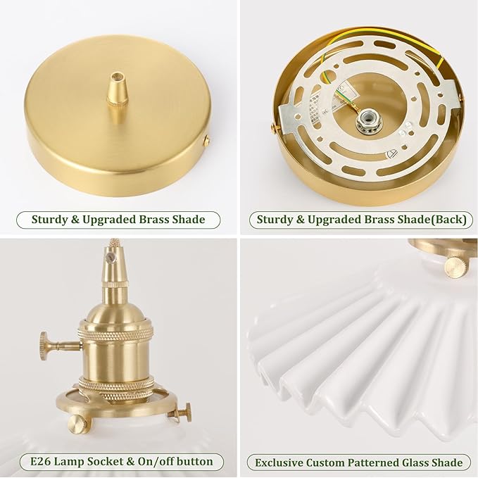 Pendant Light with White Pleated Ceramic Lmapshade, Brass Vintage Pendant Light Adjustable Hanging Light for Kitchen Island Dining Room Hallway