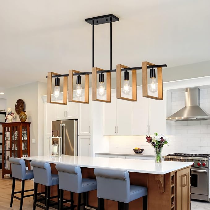 Dining Room Chandelier Farmhouse Kitchen Island Lights Ceiling Hanging 5 Lights Wood and Black Light Fixture Rustic Pendant Lighting 41.3"