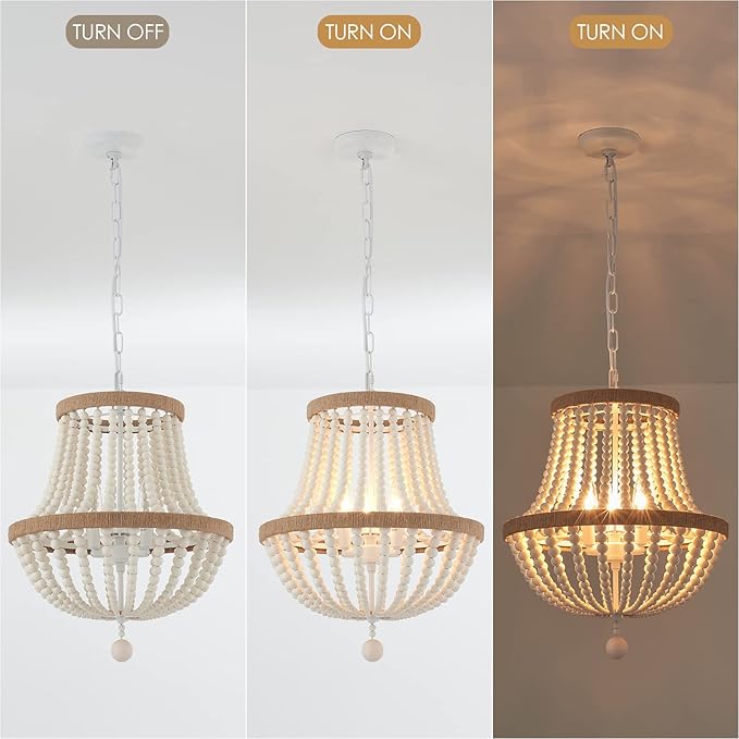 3-Light Boho Chandelier Farmhouse, Wood Bead Pendant Light, Antique Rustic Hanging Light Fixture for Kitchen Island Hallway Entryway Bedroom Nursery Dining Room Foyer