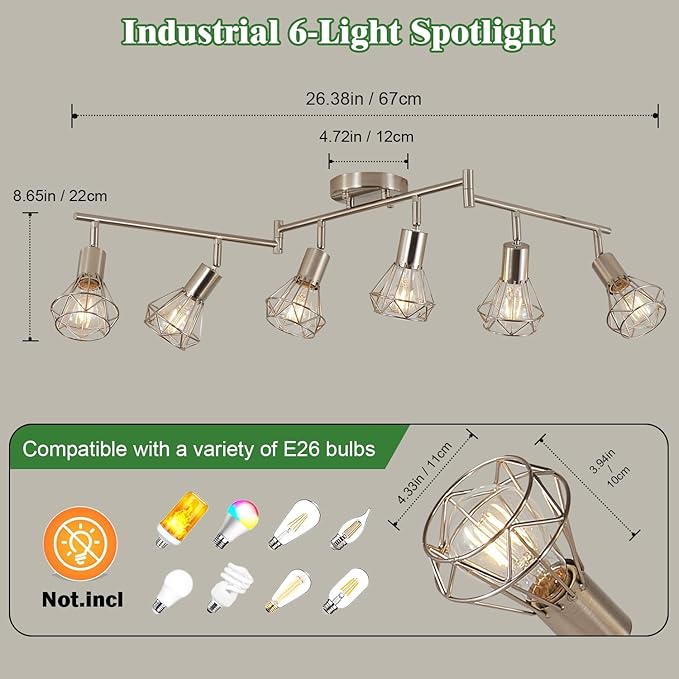 6-Light Farmhouse Track Lighting Fixtures Ceiling with Flexibly Rotatable Light Heads – Kitchen Lights Ceiling Mount for Kitchen, Dining Room (E26 Base) Kitchen Lighting Fixture