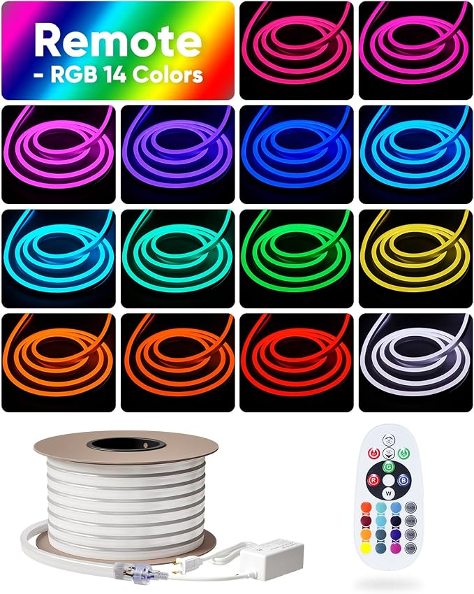 98.4FT LED RGB Neon Rope Lights, ETL-Listed AC 110-120V Neon LED Strip Lights SMD5050 80LEDs/m with Remote, Dimmable Multicolor Change Flexible Neon Rope Lighting Waterproof for In&Outdoor