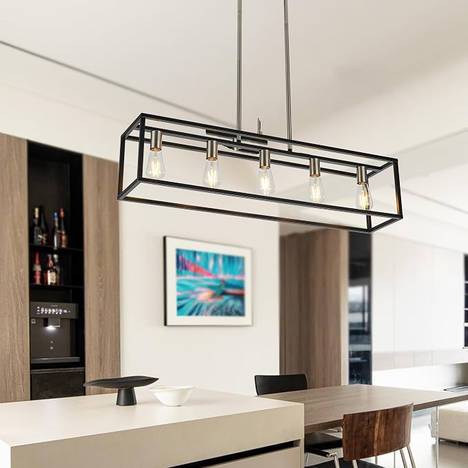Black&Brushed Nickel Kitchen Island Lighting, Modern Linear Cage Retangular Chandelier, 5 Lights Industrial Metal Hanging Light Fixture for Farmhouse Kitchen Dining Room Bar Foyer