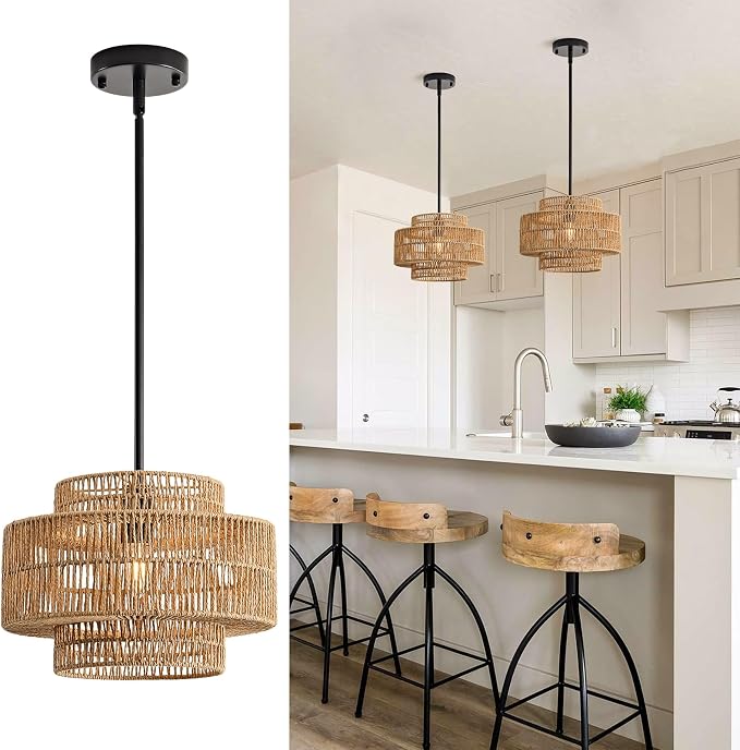 12.4” Boho Rattan Pendant Light Fixture for Dining Room, 1-Light Black Chandelier Farmhouse Rustic Hanging Lamp for Kitchen Island, Bedroom, Living Room, Entryway, Foyer, Hallway