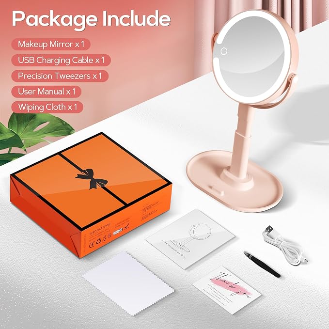 Makeup Mirror with Lights, Lighted Magnifying Mirror 30X with 3 Lighting and Adjustable Brightness, 2-Sided Height Adjustable Vanity Mirror for Bathroom, Gifts for Women Pink