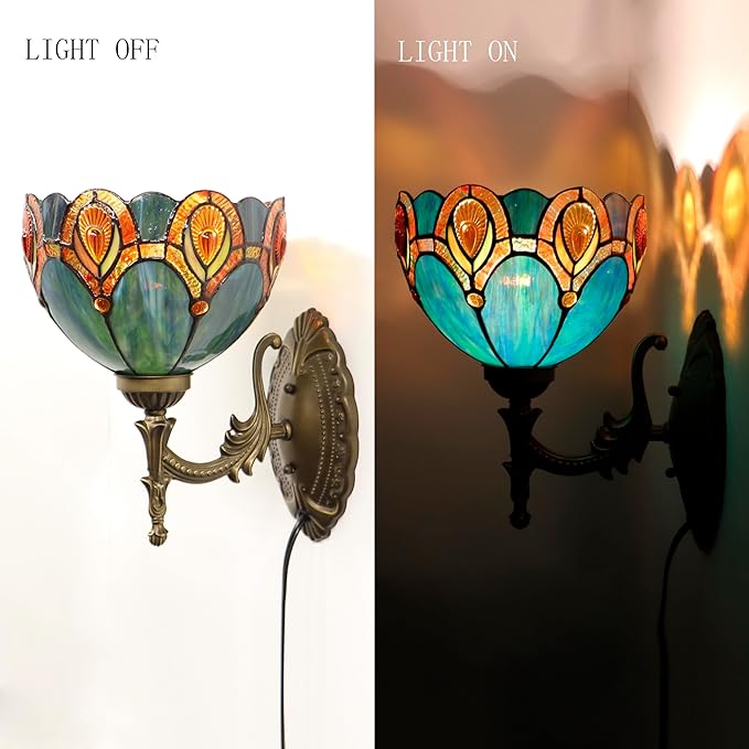 Tiffany Sconce Lamp Stained Glass Wall Lamp,8X10.5X11 Inch Plug in Wall Bedside Light for Hallway Bedroom (Peacock Crystal)