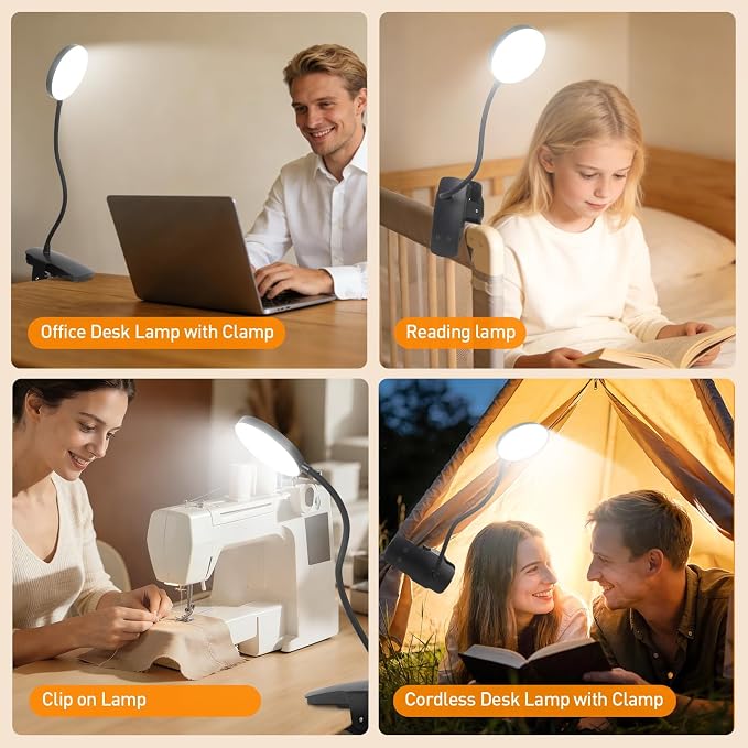 Cordless Rechargeable Clip On Desk Lamp Thick Flexible 360° Gooseneck | 450 Lumen Eye Protect Light,30 Custom Lighting Modes,5-30H Long Life Battery for Bed Headboard Desk Puzzle Craft ,Black 1 Pcs