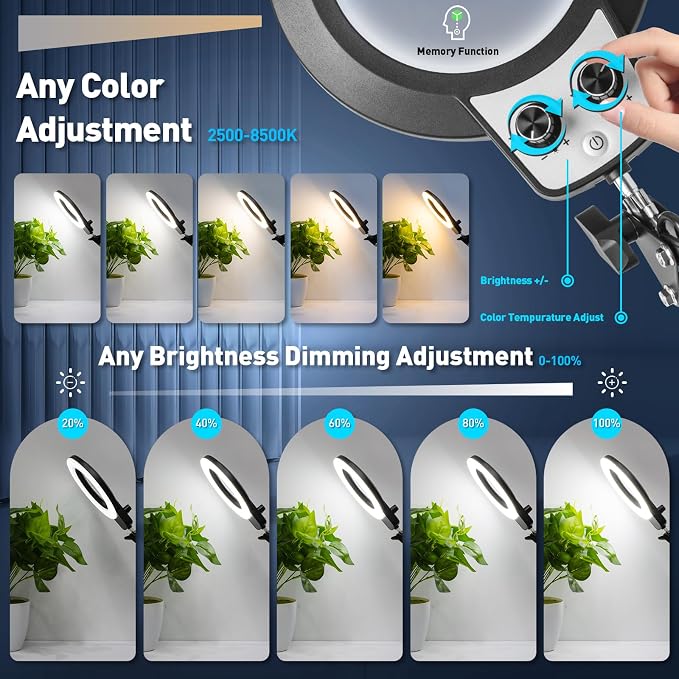 KIRKAS 12X Magnifying Glass with Light and Stand, Overhead Dual Knob | Lighted Magnifier Lamp for Workbench, Craft, Sewing, Repair, Reading, Real Glass Lens Stepless Dimming and Color (22IN Clamp)