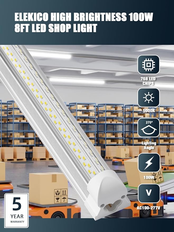 Industrial-grade Ultra-Bright 100W 8FT Led Shop Lights 15000LM 6Pack | 8' 100-277V 5000K Daylight Linkable 8 Foot led shop lights 8ft for Garage Shop Workshop Warehouse Barn Lighting with 5FT Plug