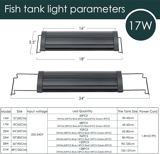 AQQA Aquarium Light,Full Spectrum LED Fish Tank Lights | 12"-54" Adjustable Multi-Color White Blue Red Green LEDs with Extendable Brackets,14W-31W for Freshwater Plants 17W (18"-24")