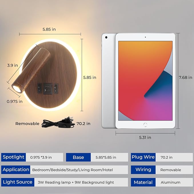 Plug in Wall Light with Wall Mounted Reading Lights with Switch | Wall Lamp for Bedroom with USB C+A Ports, Headboard Light with 3W+9W Night Light, Walnut Color Reading Light Adjustable Angle