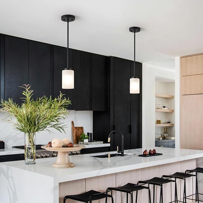 1-Light Mini Pendant Light Fixtures, Industrial Chandelier Hanging Ceiling Lights with Opal White Glass, Adjustable Height, Black Pendant Lamp, 3 Pack