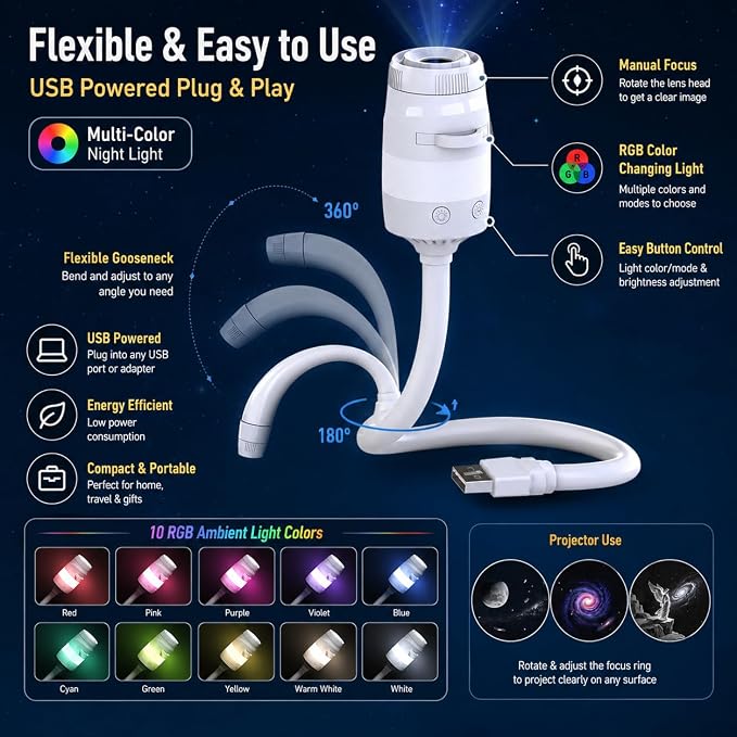 Galaxy Star Projector Night Light, 2-in-1 Multicolor LED Starry Lamp with 13 Films, 360° Rotatable Adjustable Brightness USB Portable Light for Kids Adults Bedroom Ceiling Car Decor Birthday Gift