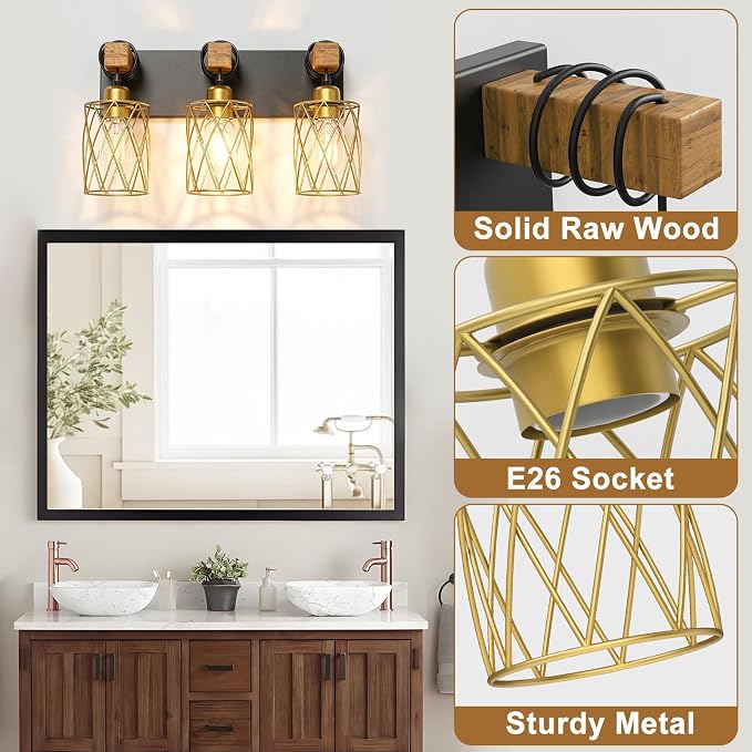 IZORRO Farmhouse Bathroom Vanity Light, 3-Light Wood Bathroom Light Fixtures Over Mirror, Black and Gold Industrial Vanity Lights with Metal Shade, Rustic Restroom Lighting Fixtures