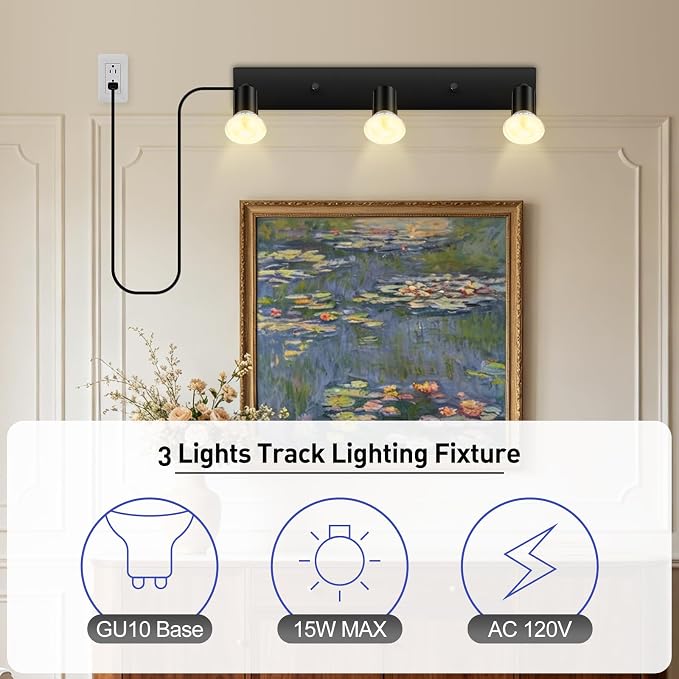 3 Head Plug in Track Light Fixture Black, Easy Install Corded Track Lighting Kit with Switch, Adjustable Directional Spotlight for Kitchen Island Closet Art Display, Modern Ceiling Lamp,15ft Cord