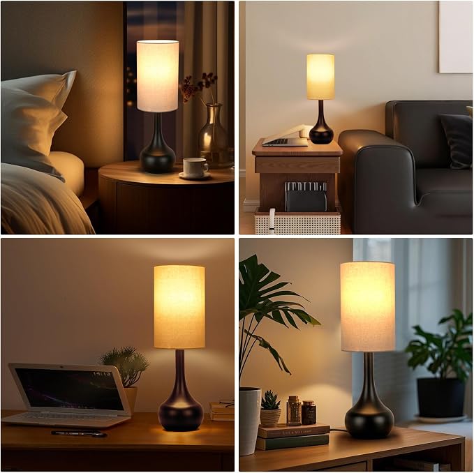 2 Pack Touch Bedside Lamp for Nightstand,3-Way Dimmable,Space Saving & No Assembly Required, Upgraded Small Droplet Vintage Black Table Lamp for Bedroom, Living Room (Bulb Included)