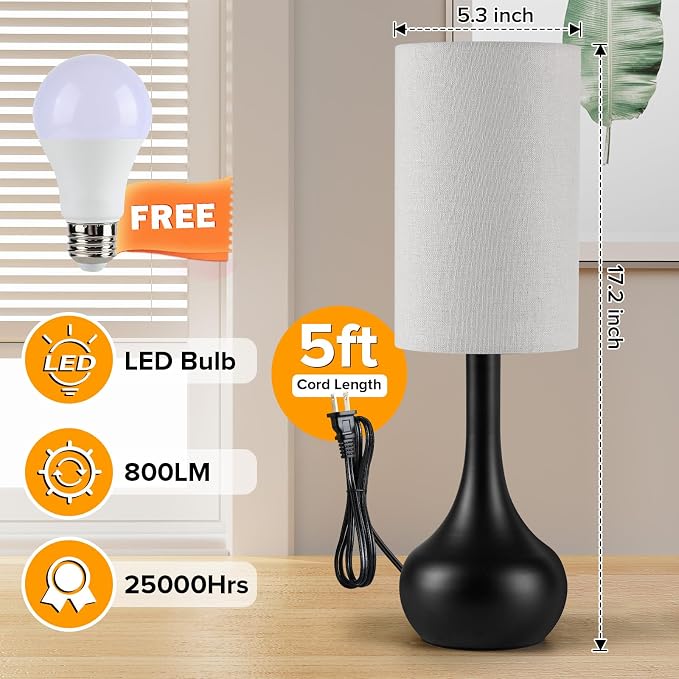 2 Pack Touch Bedside Lamp for Nightstand,3-Way Dimmable,Space Saving & No Assembly Required, Upgraded Small Droplet Vintage Black Table Lamp for Bedroom, Living Room (Bulb Included)