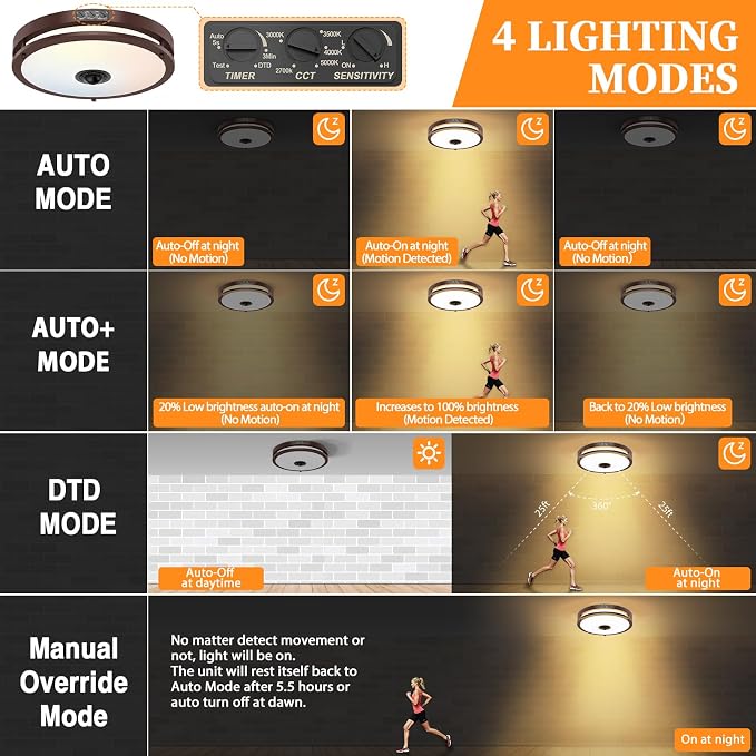 12" LED Motion Sensor Outdoor Ceiling Light Porch Lamp, 5CCT, 24W | Dusk to Dawn, 2700K/3000K/3500K/4000K/5000K Dimmable, 4 Lighting Modes, Flush Mount Ceiling Light for Entryway, Brown