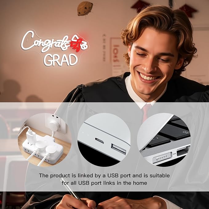 WLHOPE Congrats Grad Neon Sign with Scroll Graduation Decorations 2025 White Red LED lights for Party College High School Class Graduation Gifts