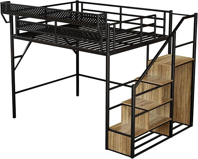 Queen Size Metal Loft Bed with Reversible Stairs and LED & USB Port | Storage Shelf, Reversible Storage Stairs with Wardrobe, LED Lights,USB Charging Port,Sturdy Noise-Free Design,Large Under Bed
