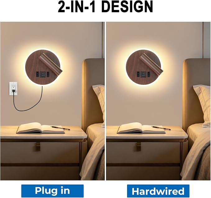 Plug in Wall Light with Wall Mounted Reading Lights with Switch | Wall Lamp for Bedroom with USB C+A Ports, Headboard Light with 3W+9W Night Light, Walnut Color Reading Light Adjustable Angle