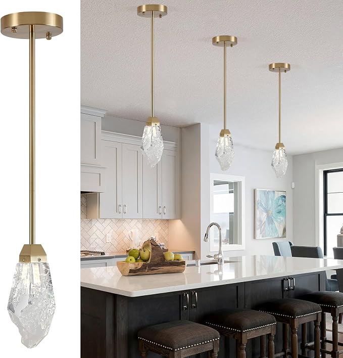 Modern 1-Light Brass Stem Rock Crystal Mini Pendant Lamp | Adjustable metal stem, textured ice crystal shade, modern brass finish, for kitchen island bedroom bathroom vanity lighting