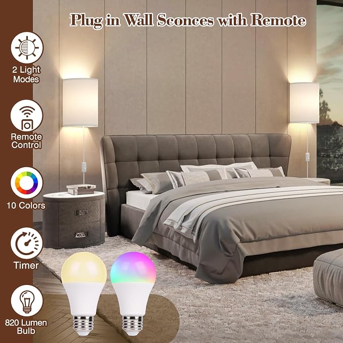 Plug in Wall Sconces Set of Two: Wall Lights with 7 RGB Colors - 3 Color Temperature Wall Mount Lamps with Remote - Fabric Linen Wall Sconc for Bedroom Living Room & Hallway- Indoor Corded Wall Sconce | 3 Color Temperature Wall Mount Lamps with Fabric ...