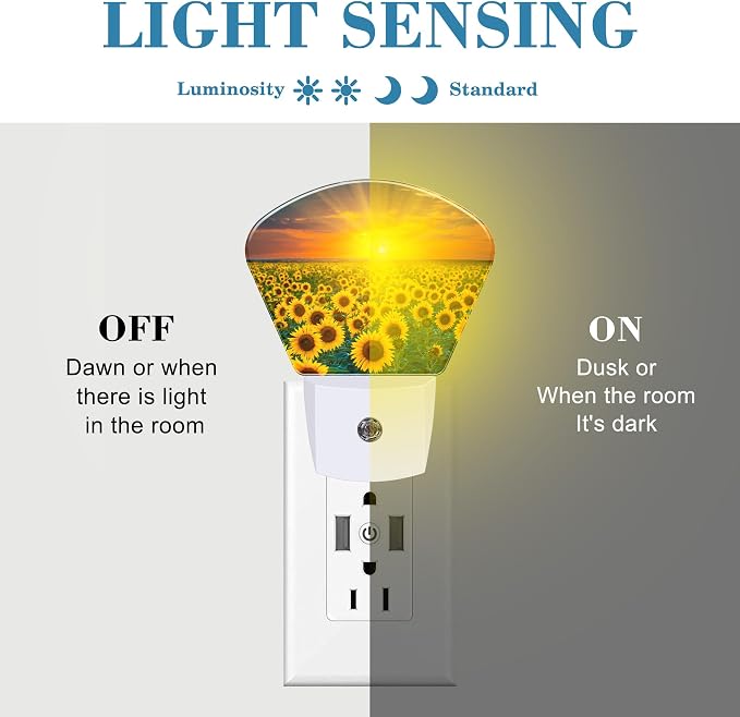 Sunflowers and Sunrise Night Light Plug into Wall, Sunflower Fields Night Light with Dusk to Dawn Sensor for Kid Girls Boys Women Men Room, Hallway, Kitchen, Bathroom, Stairs Decor