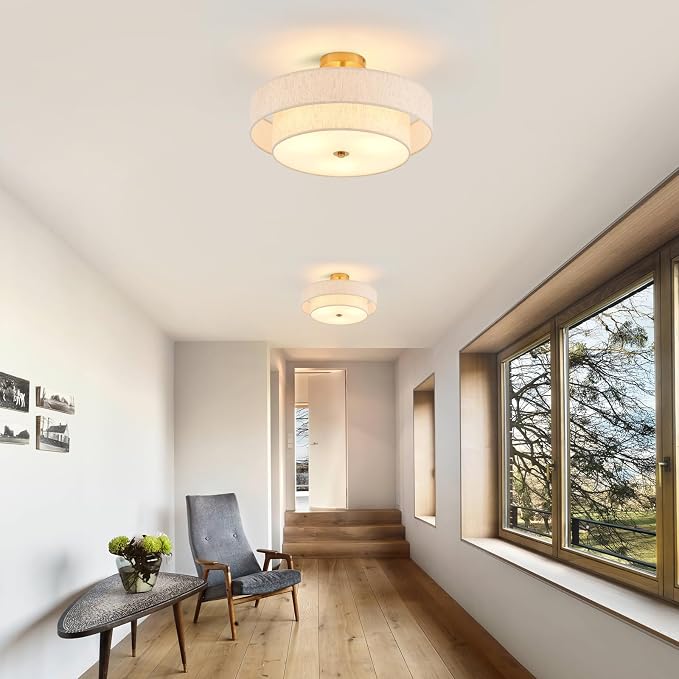 18" Gold Semi Flush Mount Ceiling Light, 3-Light Double Drum | Beige Linen Double Drum Shade, Modern Gold Light Fixture For Bedroom,Living, Kitchen,Laundry; Close-To-Ceiling, E26, Dimmable
