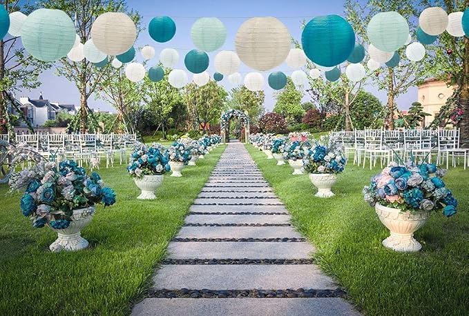 UNIQOOO 18PCS Ocean Blue Paper Lantern Wedding Party Decoration Set, Hanging Japanese Lantern Decor Supply, Easy Assemble, For Home Outdoor Baby Bridal Shower, Birthday Favor Supply, Assorted Sizes