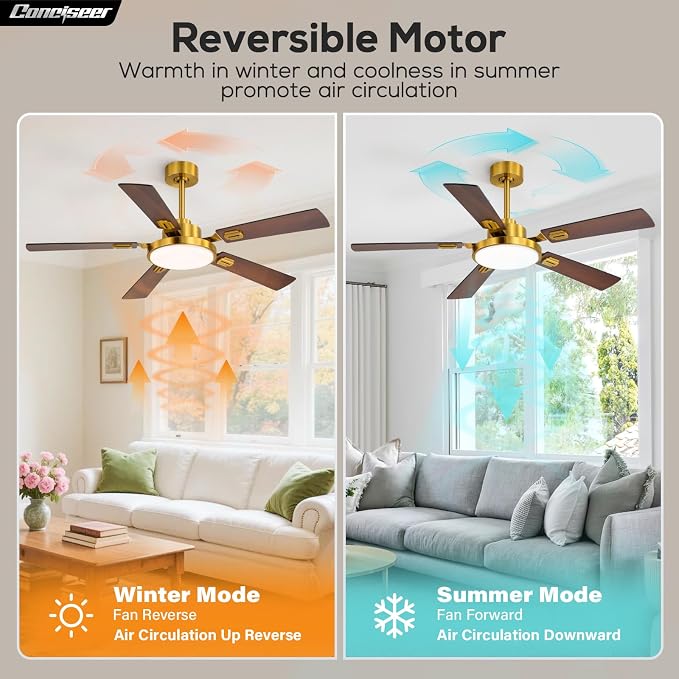 Conciseer 52 Inch Ceiling Fans with Lights and Remote for Bedroom Living Room Kitchen Office, Indoor/Outdoor Use, 6CCT Dimmable, 5 Blades, 6 Speed Reversible Quiet DC Motor, Gold/Wood Grain