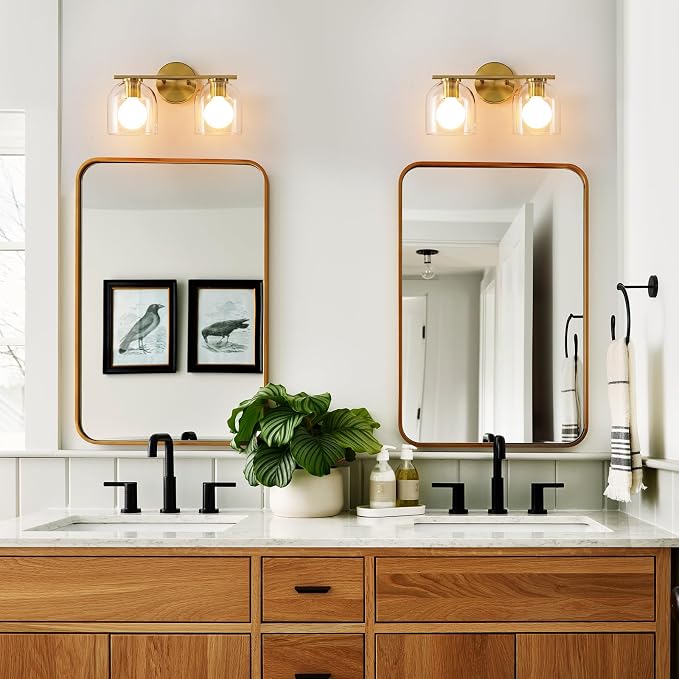 WOSHITU Bathroom Vanity Light Fixtures: 14.2 Inch Modern Gold Bathroom Light Fixtures Over Mirror with Clear Glass Shade, Brushed Gold 2 Light Wall Mount Sconces Above Mirror