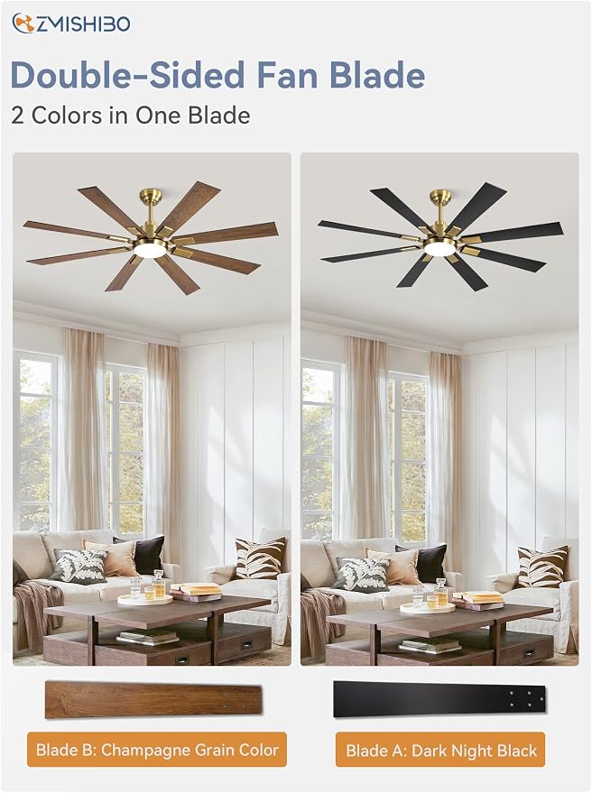 ZMISHIBO 62” Mid Century Ceiling Fan with Light, Remote, Black and Gold | High CFM Powerful Airflow, Quiet DC Motor, 24W 3 CCT LED, Indoor/Covered Outdoor, Dual-Finish, Damp Rated