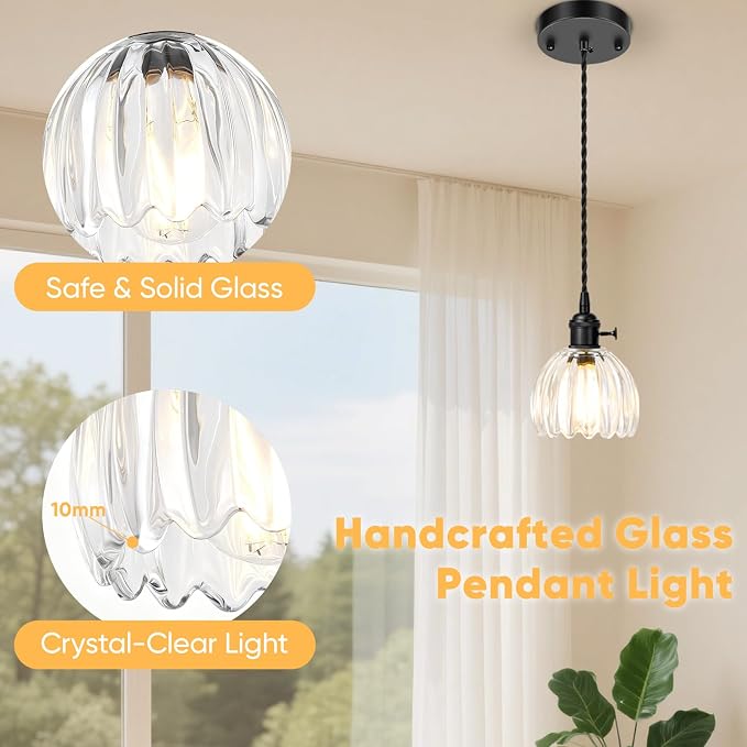 1-Pack Black Pendant Light, Modern Pendant Lights Kitchen Island with Clear Tulip Glass Shade, Mini Adjustable Hanging Light Fixtures, Kitchen Pendant Lighting for Dining Room Hallway Bedroom