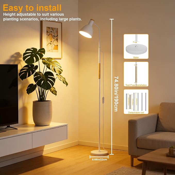 Plant Light for Indoor Plants, Full Spectrum 75" Standing Grow Light for Tall Indoor Trees, Grow Lamp for 20W 98 CRI LED Bulb, Auto 4/8/12H Timer & Flexible Gooseneck for Middle to Large Plants