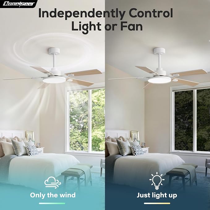 Conciseer 52 Inch Ceiling Fans with Lights and Remote for Bedroom Living Room Kitchen Office, Indoor/Outdoor Use, 6CCT Dimmable, 5 Blades 6 Speed Reversible Quiet DC Motor, White/Wood Grain, 2 Pack