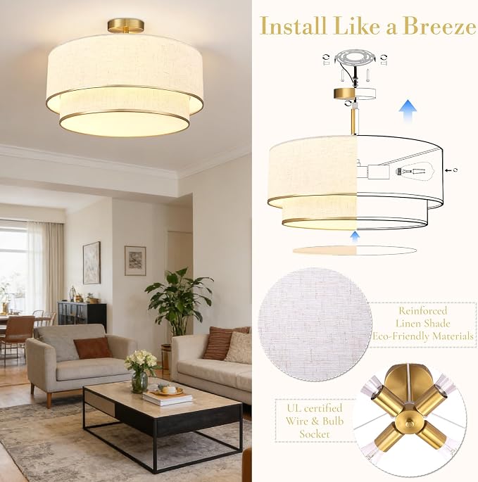 Hamilyeah 20 Inch Semi Flush Mount Ceiling Light, Dual Drum Fabric Shade Light Fixture with Gold Metal Trim, Modern Farmhouse Ceiling Light for Bedroom, Living Room, Dining Room, Hallway