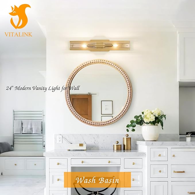 VitaLink Modern Bathroom Vanity Light Fixtures, 24-Inch Gold Modern Glass Bathroom Wall Lighting Fixtures Over Mirror Wall Mounting Lighting for Living Rooms Hallways Bedrooms