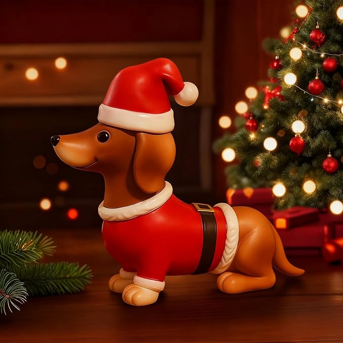 Christmas Dachshund Figurines Decor Xmas Resin Statue Ornament Cartoon Cute Puppy Tabletop Ornament Gifts Christmas Dachshund Dog Sculpture for Garden Home Party Decoration Supplies