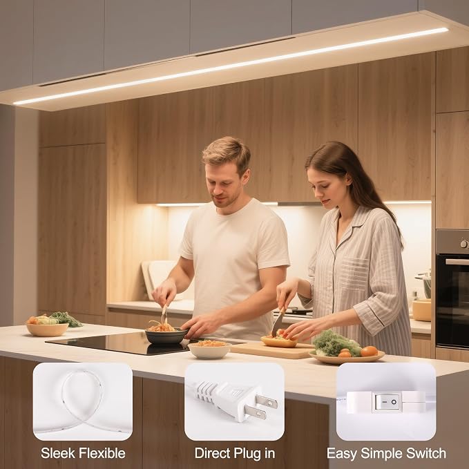 60inch Plug in Under Cabinet Lighting Strip for Kitchen, 120V Bright LED Under Counter Lights 6000k White Slim, Luces para Cocina Bajo Gabinete Under Shelf Wired Light for Sink/Workbench/Bookshelf