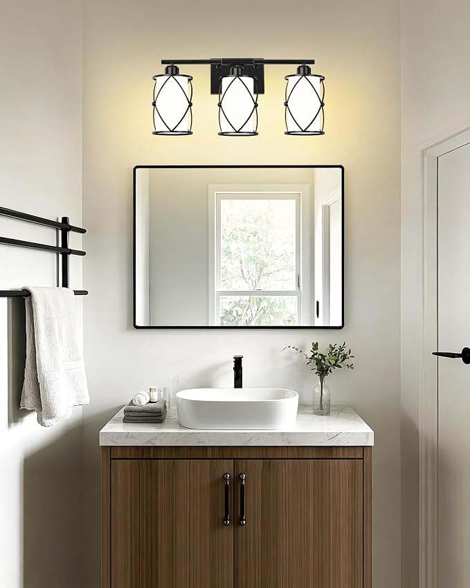 3-Light Black Bathroom Light Fixtures with Milk White Frosted Glass, 21" Modern Bathroom Vanity Lighting Fixtures Over Mirror with Metal Cage, Wall Sconce Lights for Bath, E26, CH9176BKW-3W