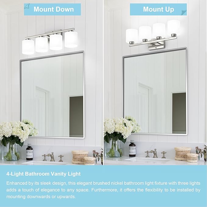 Honesorn 4-Light Bathroom Vanity Light Fixture, Brushed Nickel, Modern With Frosted Shade & Anti-Rust Finish, E26 Base Lighting